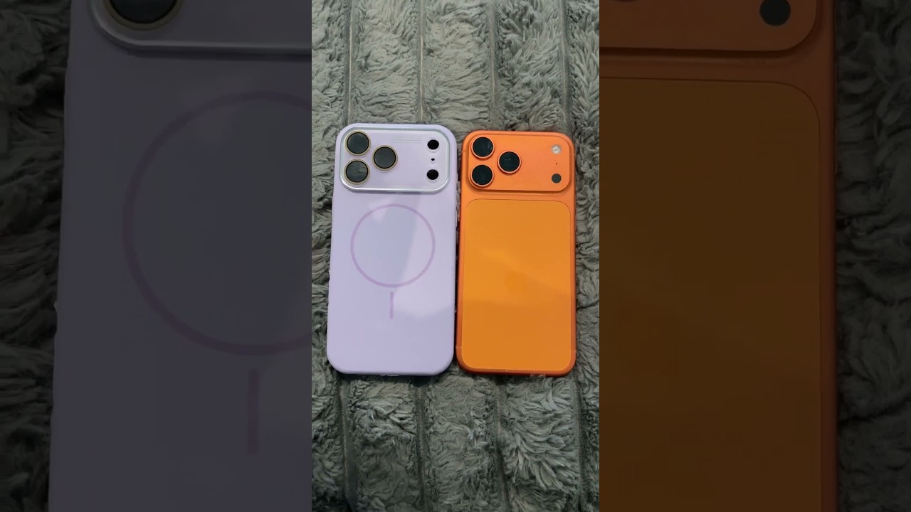 Dos iPhone con forros MagSafe de colores lila y naranja